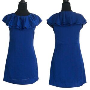 Club Monaco Royal Blue Shift Mini Dress with Double-Layered Ruffle Neckline Sz.